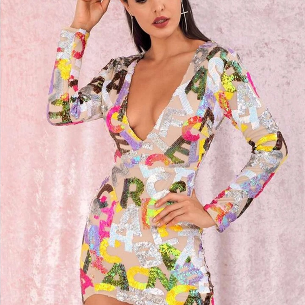LOVE&LEMONADE Sequin Letter Mesh Overlay Dress